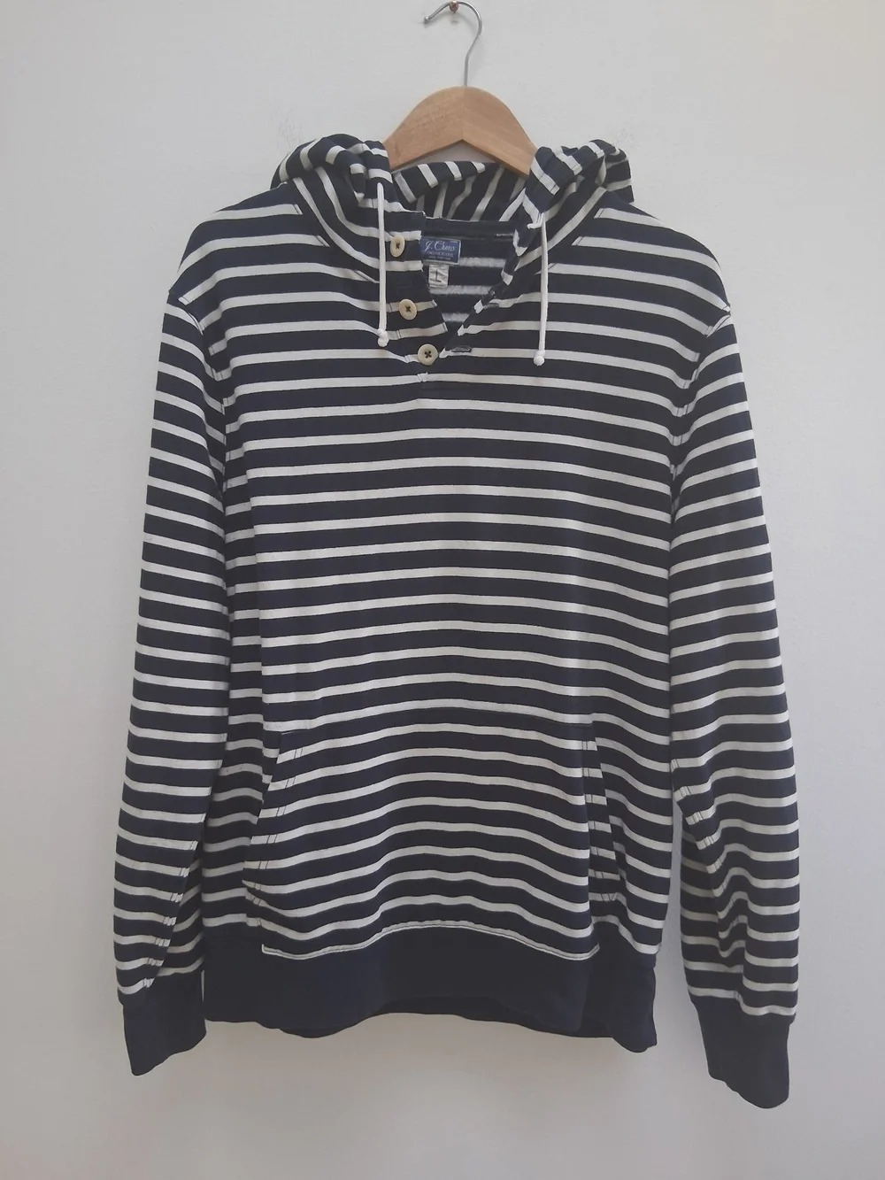 J. Crew Vintage Men's Navy and White Striped Hooded Pullover 1/4 Button Size L